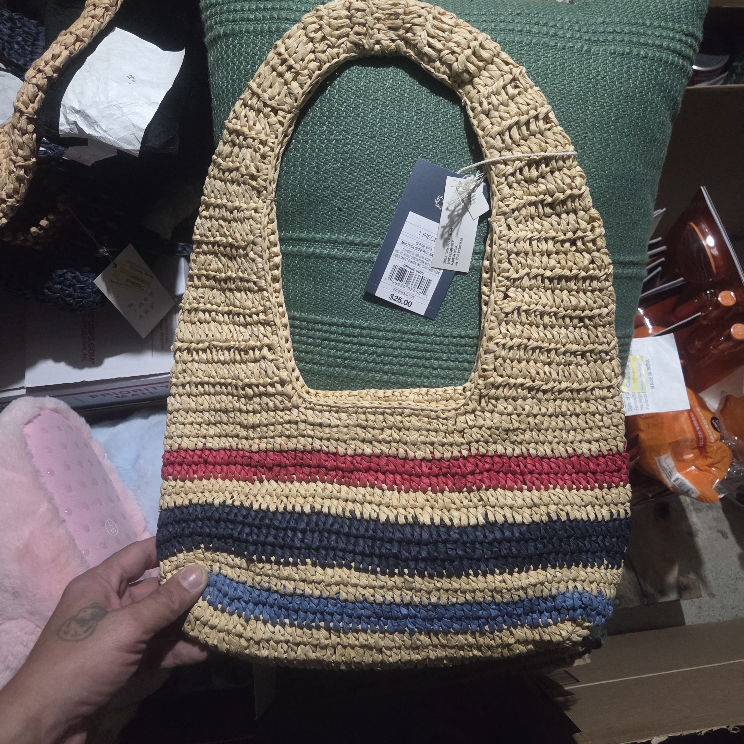 Striped Straw Tote Bag